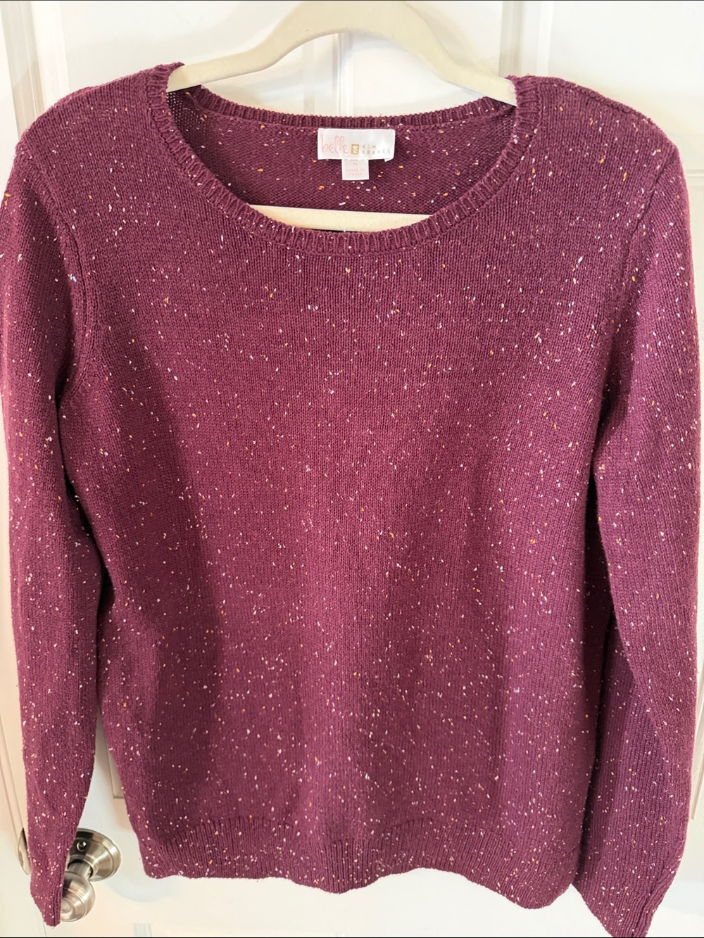 Belle by Kim Gravel Tweedy Knit Round Neck Sweater Burgundy Marled Fleck Soft M